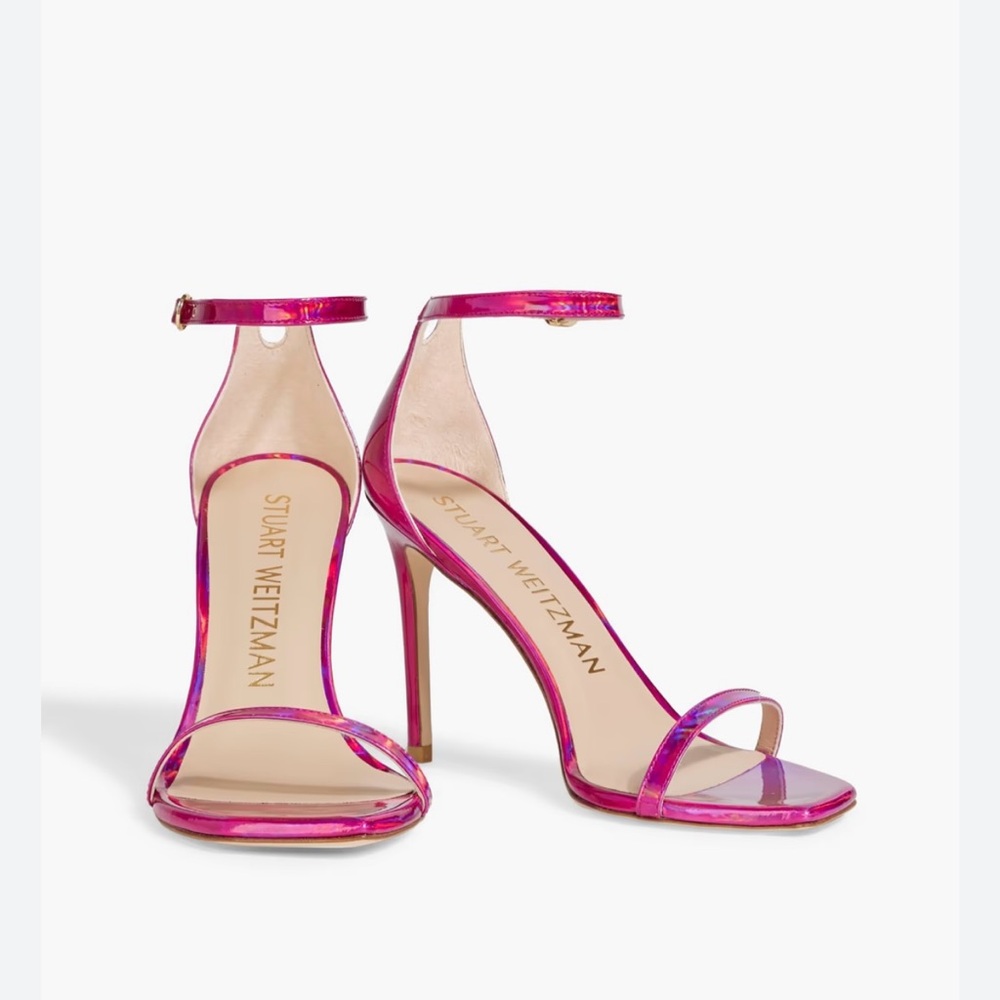 New Stuart Weitzman Nudistcurve 100 Strap Sandal in Iridescent Patent Orchid